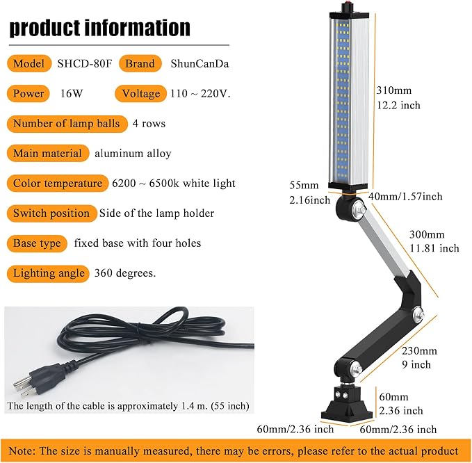 LED Machine Work Light 120V 16W Waterproof Aluminum Alloy Long Arm for CNC Lathe Drill Table Industrial Lighting
