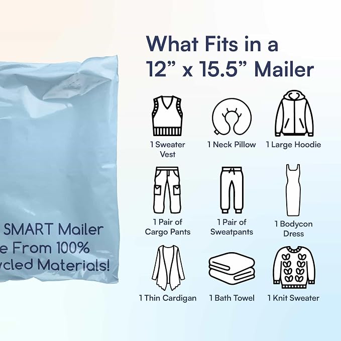 200 Count, 12x15.5 inch 100% Recycled Poly Mailers Eco Friendly Packaging Envelopes Supplies Mailing Bags 2.5 Mil Thick - SMART Mailer…