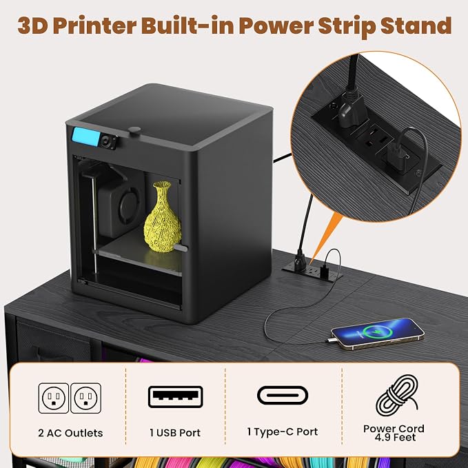 3D Printer Table with Storage, Heavy Duty Metal 3D Printer Stand with Filament Storage Drawer & Power Hub, Large Capacity 3D Printer Desk for Workshop, Studio & Home Office(Black)