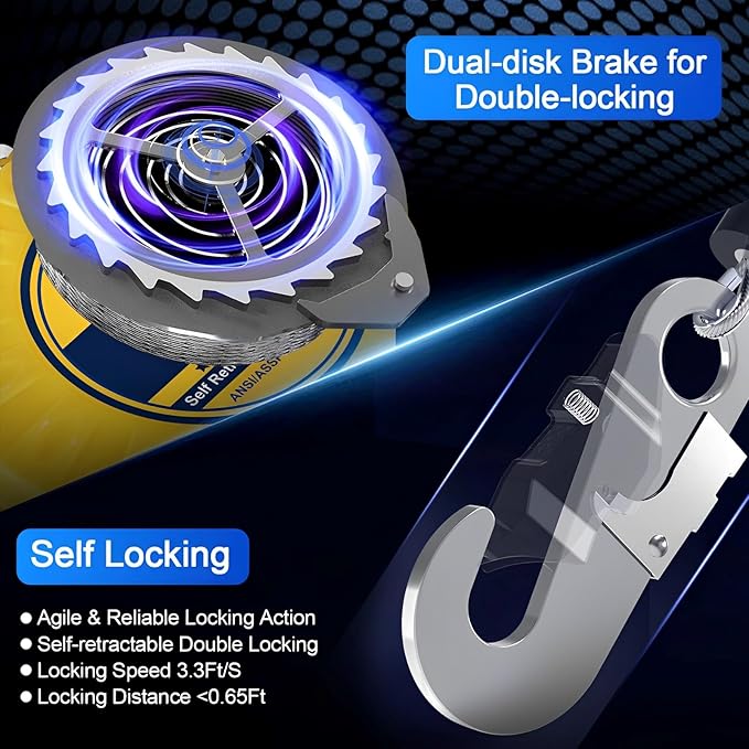 Self Retractable Lifeline Fall Protection Arrester 50FT Double Locking Roofing Safety Rope Lanyard Fall Arrest Gear, Dual Alloy Steel PPE shell Heavy Duty Hook Cable Wire