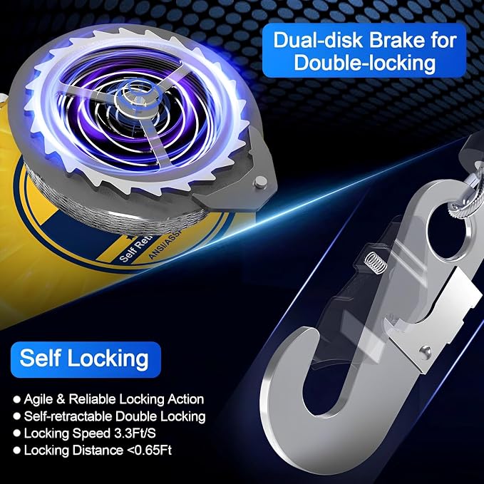 Self Retractable Lifeline Fall Protection Arrester 23FT Double Locking Safety Rope Fall Arrest Gear, Dual Alloy Steel PPE shell Heavy Duty Hook Cable Wire Roofing Rope Lifeline Safety Lanyard