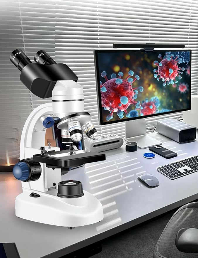 Microscope for Adults WF10x and WF25x eyepieces, 40X-2000X Magnification USB Camera, Microscope for Adults Suitable for Laboratory School Home Education（White Microscope）