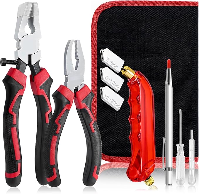 YOTINO Glass Cutting Tools, 9PCS Glass Cutter Glass Running Pliers Breaking Grozer Pliers,Tungsten Scribe Engraving Pen, Oil Feed Glass Cutters Tools Kit for Stained Glass, Tiles, Mosaic Cutting