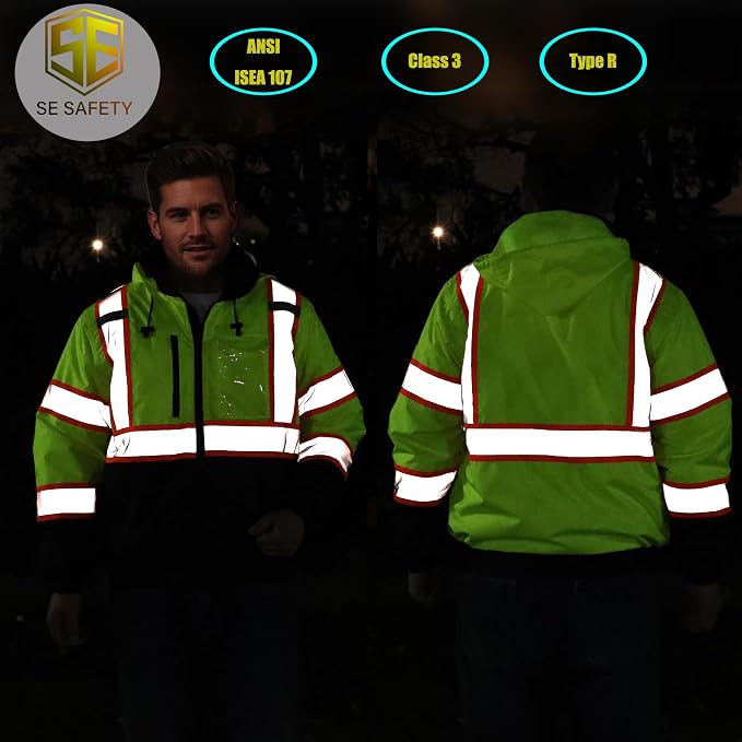 sesafety Reflective Jacket for Men, High Visibility Jackets, Safety Jackets for Men, Hi Vis Construction Bomber Jackets Waterproof with Pockets and Zipper, Black Bottom, Class 3