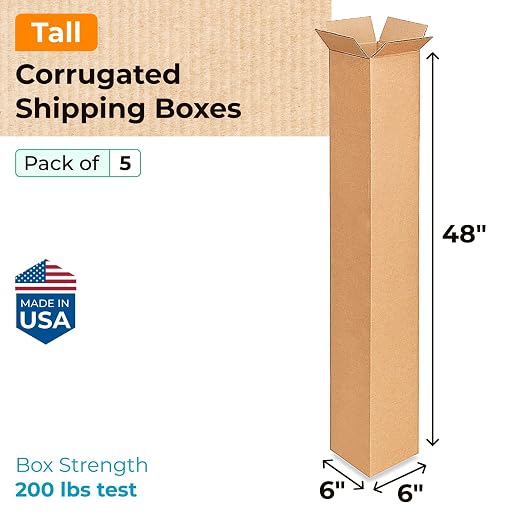 Tall Moving & Shipping Boxes 6 x 6 x 48 inches (5-Pack) - Extra Strength 200 lb vs Regular - USA-Made Corrugated Packing Boxes for USPS/UPS/FEDEX - Moving Box - Carton Box by IDL Packaging