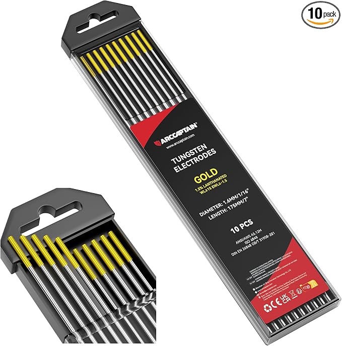ARCCAPTAIN TIG Welding Tungsten Electrode 10-Pack 1/16"x 7"(Gold - 1.5% Lanthanated, WL15/EWLa-1.5)