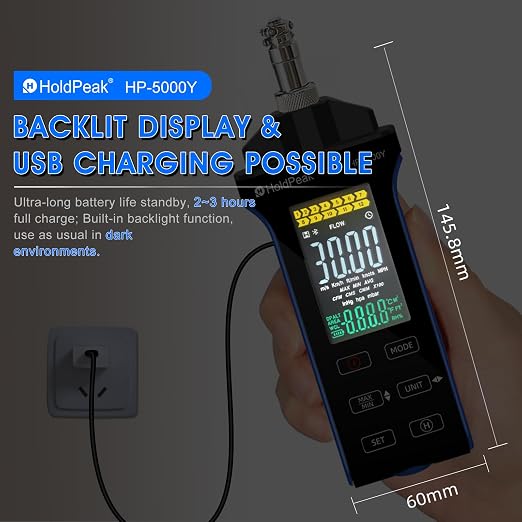 HOLDPEAK Professional Hot-Wire Anemometer, High-Precision Digital CFM/CMM Air Velocity Meter Wind Speed Gauge, HVAC Wind Temperature Tester with Telescopic Probe, Backlit LCD, USB Data Export