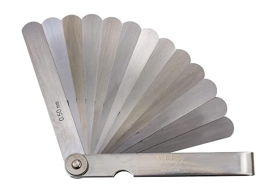Mitutoyo 184-307S Thickness Feeler Gage Set, 0.03-0.5 mm Range, 13 Straight Leaves, 100 mm Length, 13 mm Width, Marked Thickness, Knurled Locking Nut, Steel Protective Case | 13 Straight Leaves, 100 mm Length, 13 mm Width, Marked Thickness, Knurled Loc...