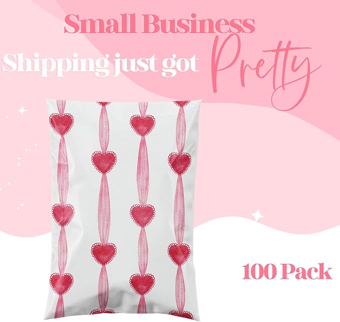 Pretty Package Store 6x9 Designer Poly Mailer 100 Pack Heavy Duty Waterproof Self Seal Shipping Bags for Small Business Large Mailing Envelopes Bulk Tear Resistant Packaging Red Valentine Heart