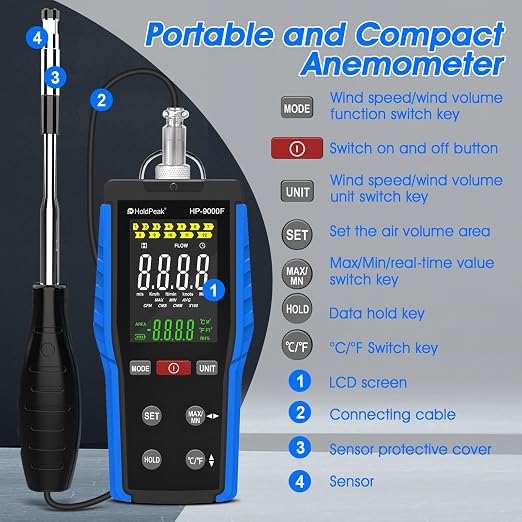 Professional Hot Wire Anemometer with Telescopic Sensor, High Precision Wind Speed Gauge, Air Flow, Temperature Meter for HVAC, Environmental Monitoring, Duct Testing, and Industrial