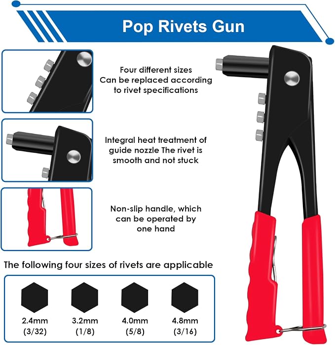 smseace Black, Silver(Can Choose) Pop Rivet Gun Kit Black Pop Rivets, Large Flange Rivets, Washers and Rivets Gun Tool Packed in Portable Toolbox with Color Label