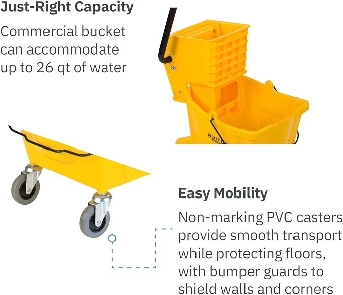 Carlisle FoodService Products Sparta Commercial Mop Bucket with Side Press Wringer, 26 Quart, Polypropylene, Yellow, 1 Count