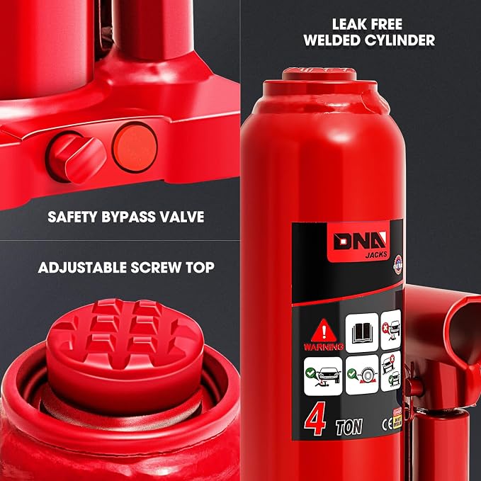 DNA Motoring 4 tons / 8818 lbs Lifting Automotive Welded Hydraulic Bottle Jack for Repair Vehicle, Pickup, Truck, w/Manual Handle, Red,TOOLS-00352