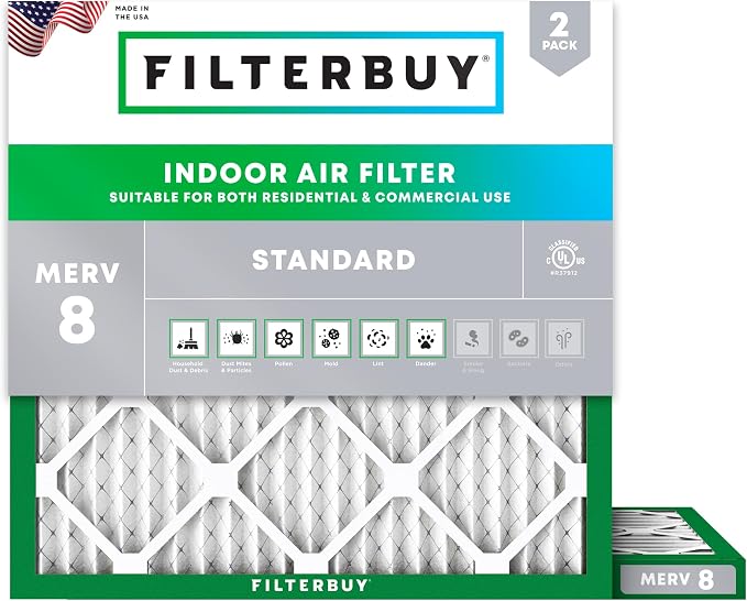 Filterbuy 17x17x1 Air Filter MERV 8 Essential Dust & Allergy Defense (2-Pack), Electrostatic Pleated HVAC AC Furnace Filters Replacement, Made in USA (Actual Size: 17.00 x 17.00 x 0.75)