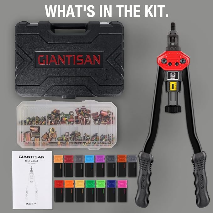 Rivet Nut Tool, GIANTISAN 16-inch Rivnut Tool Kit with 15 SAE & Metric Mandrels, 406pcs Rivnut Assortment Kit and Carrying Case, Designed for Labour Saving, Ideal for Automotive, Home and DIY Projects