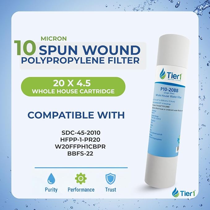 Tier1 10 Micron 20x4.5 Water Filter | Spun Wound Polypropylene Whole House Water Pre-Filter Cartridge | Replacement for Hydronix SDC-45-2010 | 4.5 x 20 Sediment Water Filter (4-Pack)