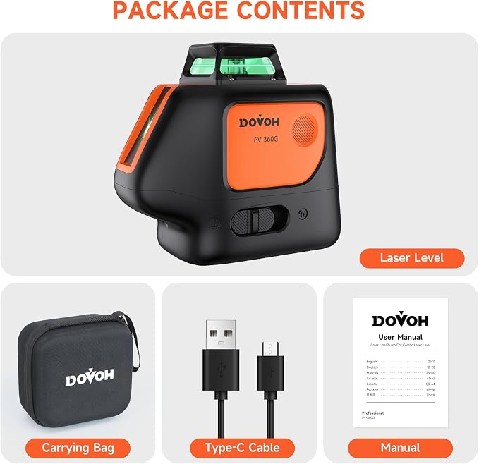 DOVOH Plumb Dot Laser Level 360 Self Leveling, PV-360G | High Accuracy, Rechargeable, Green Beam, Essential Edition, For Alignment, Layout, Framing, HVAC, Plumbing
