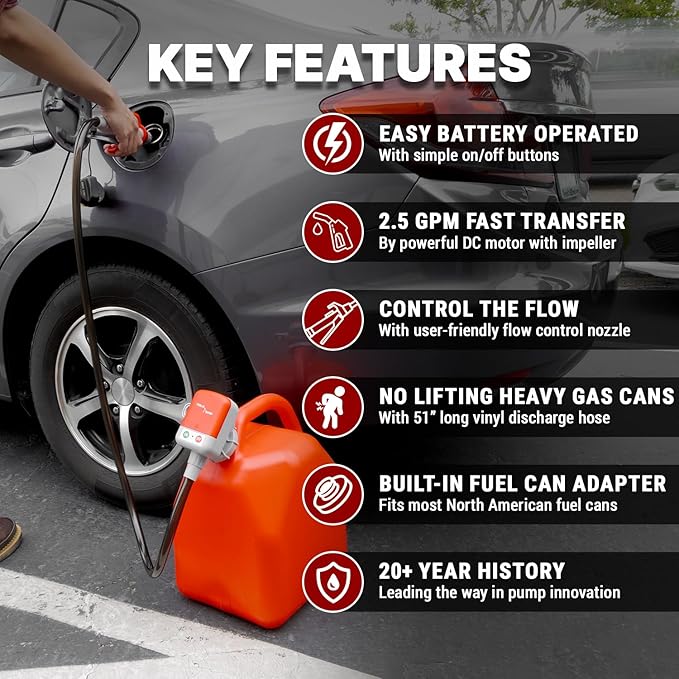 TERA PUMP 2nd Gen TRFA02-MTX Fuel Transfer Pump (2.5 GPM), 4-AA Battery Powered Gas Can Pump, Flow Control Nozzle with Squeeze Trigger Handle for E85 E15 Gas Diesel - 4.25ft Heavy-Duty Vinyl Hose