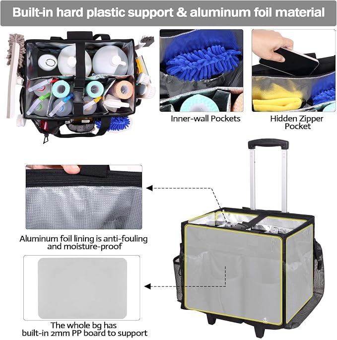 Extra large Rolling Cleaning caddy bag Built-in Hard Support Board,Cleaning Cart with Detachable Trolley, Housekeeping Cleaning caddy with Adjustable Shoulder Strap and Multiple Storage Pockets