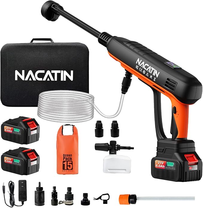 Cordless Washer, 3 Gear Brushless Washer for Car Washing, Patio, Fence, Driveway, Outdoor Cleaning， with 2 Batteries, 6 in 1 Nozzle, 6 Meter Hose, Tap Adapter