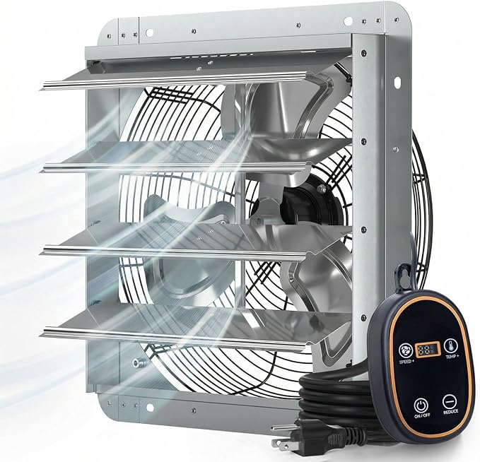 Amico 16" Smart Shutter Exhaust Fan with Thermostat & 8 Speed, 2128 CFM (Up to 3000 Sq.Ft), 68W Premium EC Motor, Wall Mount Garage/Attic/Greenhouse/Warehouse Vent Fan, Plug & Play, FCC