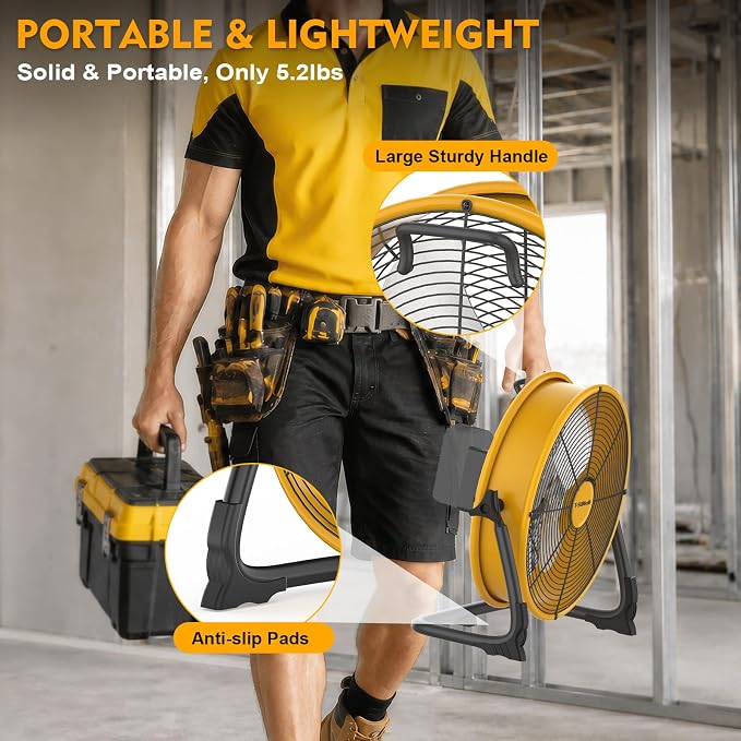12 " Battery Operated Floor Fan Compatible with Dewalt 20V Max Battery, High Velocity AC DC Portable Fan with USB Output, Metal Blade Cordless Jobsite Fan for Garage, Camping, Workshop, Emergency Use