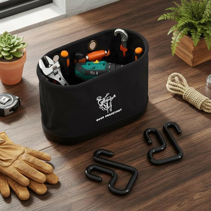 Vesici 2 Pcs Black Canvas Bucket Bag Including Hooks Lineman Aerial Oval Tool Bucket with Black Polypropylene Bottom 15 Interior Pockets Tool Organizer for Industrial Maintenance Construction Sites