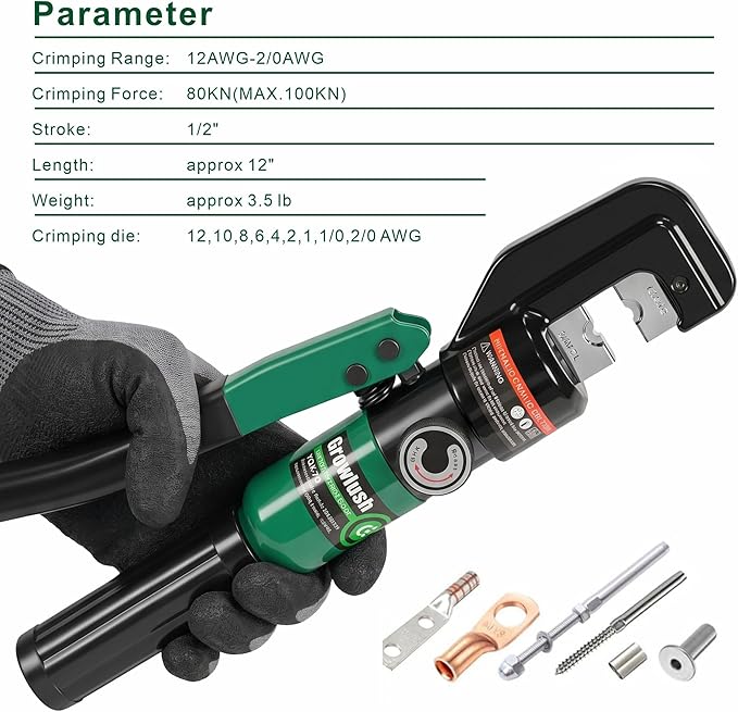 Hydraulic Crimping Tool, 2/0 Battery Cable Crimper, 10T Hydraulic Crimper for US AWG Size 12-2/0 Gauge Stranded (9 Sets of US Standard Crimping Dies: 12, 10, 8, 6, 4, 2, 1, 0, and 00AWG)