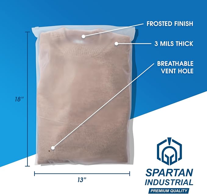 Spartan Industrial - 13” X 18” (100 Count) 3 Mil Frosted Reclosable Zip Plastic Bags with Resealable Lock Seal Zipper and Vent Hole | For Packaging Clothes, Shirts & More