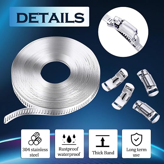 304 Stainless Steel Hose Clamp Assortment Kit,DIY 50FT Metal Strap + 24 Stronger Fasteners,Adjustable Worm Gear Hose Clamps Screw Clamps for Pipe,Tube,Duct and Fuel Line