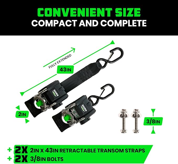 Rhino USA Retractable Boat Trailer Tie Down Straps 2PK – Durable (2in x 43in) Trailer Mount Transom Straps for Boat, Jet Ski – Stainless Steel – Salt Water Compatible