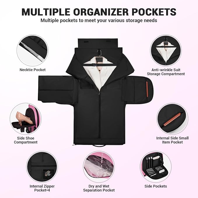 DEVPNR Rolling Garment Bags for Travel, 59L Rolling Duffle Bag with Wheels and Shoe Compartment for Men and Women, 3 in 1 Carry on Convertible Travel Garment Bag with Wheels, Pink