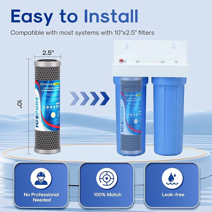 ICEPURE 1 Micron 10" x 2.5" Whole House Upgraded Coconut Shell Activated Water Filter Lead Remove Filter Cartridge Replacement for WFPFC8002, SCWH-5, WHCF-WHWC, FXWTC, CTO10-CQB, RO Unit, 3PACK