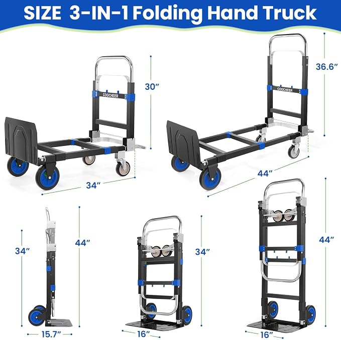 3-in-1 Folding Hand Trucks, 600Lbs Convertible Hand Truck Dolly, Heavy Duty Convertible Dolly with Retractable Handle and 4 Rubber Wheels, Collapsible Cart for Moving Office/Home/Warehous(Blue)