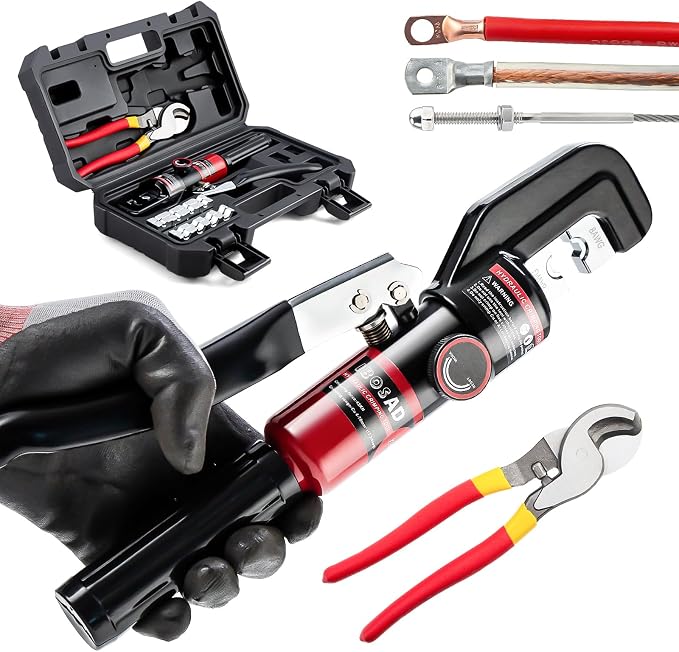 Hydraulic Crimping Tool and Cable Cutter Hydraulic Cable Lug Crimper 8 US TON 12 AWG to 00 (2/0) Electrical Terminal Cable Wire Tool Kit with 9 Die