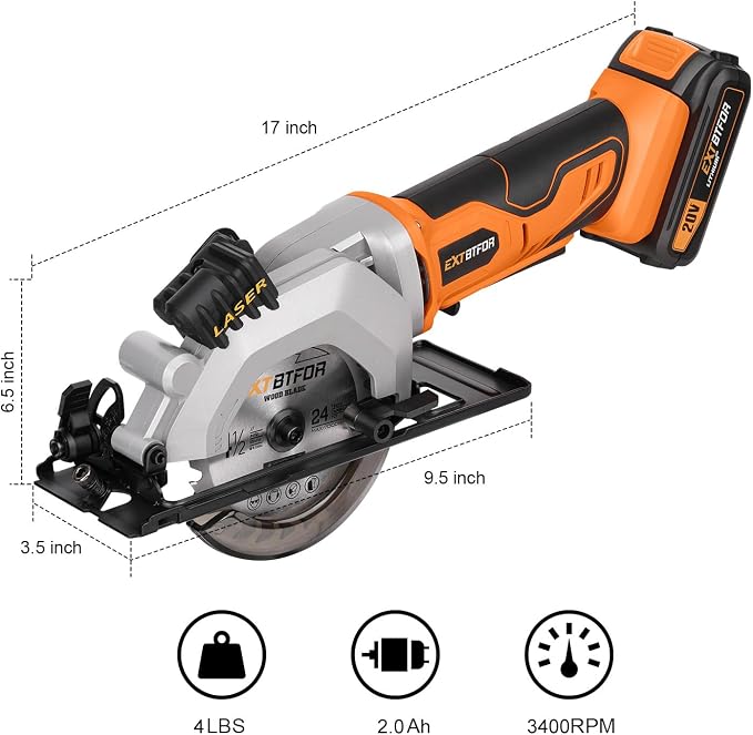 Cordless Circular Saw,2.0 Battery 3400RPM Laser Guide,45° Angle Adjustment | Extbtfor 4-1/2" Mini Circular Saw Maximum Cutting 1-11/16" at 90° and 1-1/8"at 45° for Wood, Soft Metal, Plastic