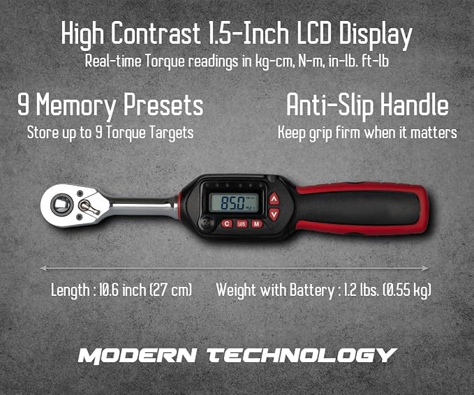 Tapha Tools 3/8 inch Digital Torque Wrench 3.1-62.7 ft-lbs (4.2-85 N-m) Torque Range, Accurate to ±2% Dual Direction, LED and Buzzer Notification, Preset Memory, ISO 6789, Calibrated (WP3N-T085BN)
