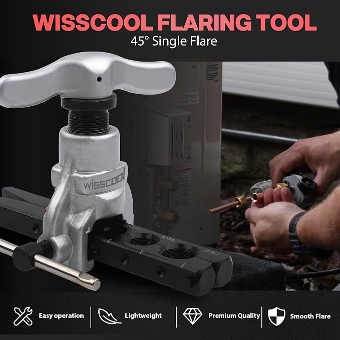 Wisscool Flaring Tools Set with 7 Dies Sizes 3/16-3/4 inch 45 Degree Angle Eccentric Cone for Copper Brass Aluminum Mild Steel HVAC Refrigeration Plumping Work