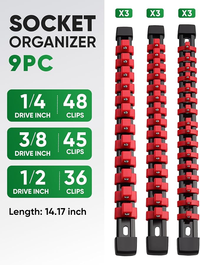 ALOANES 9PC Socket Organizer, Socket Rails Fit 1/2", 1/4" and 3/8" Drive | Heavy Duty ABS Socket Holders Hold up 129 Sockets for Toolbox Drawer Bags(Red)