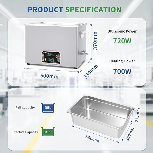 DK SONIC Professional Ultrasonic Cleaner 37L, 720W Heavy-Duty Sonic Cleaner with Timer,Heater&Touch Control, Multi-Application for Motorcycle Engines, Carburetors, Chains (Include Basket)