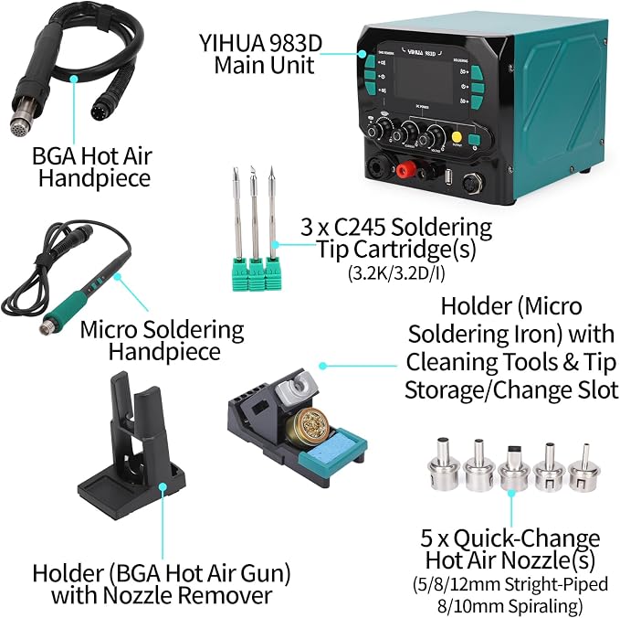 YIHUA 983D 3-IN-1 Micro Soldering Station, BGA Hot Air Rework Station, Lab Variable DC Power Supply