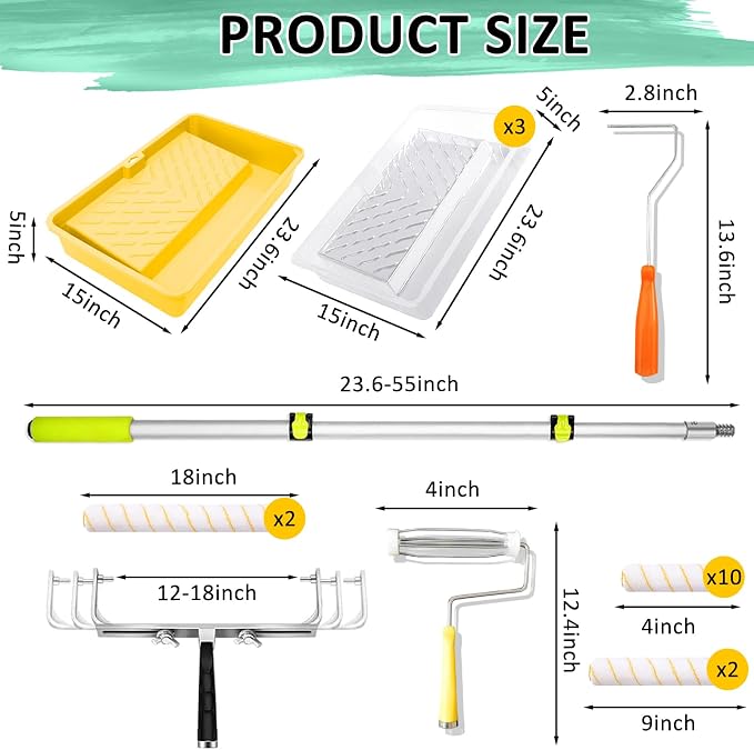 18 inch Paint Roller Kit, 22 PCS Large Paint Roller Tray with Liner, 18 inch Rollers for Painting, Rollers and Frame, 4 FT Extension Pole, Suitable for DIY Interior Walls, Rooms
