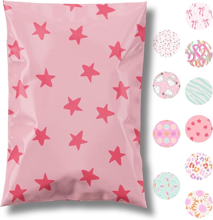Pretty Package Store Poly Mailer 14.5x19, Pink Seeing Stars, 100 Pack | Heavy Duty, Waterproof, Self Seal, Tear Resistant, Shipping Bags for Small Business Packaging, Bulk Mailing Envelopes