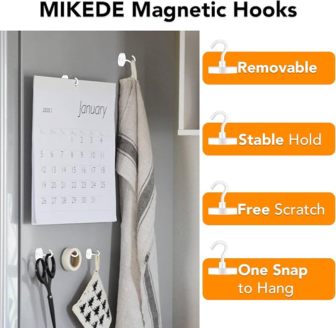 MIKEDE Magnetic Hooks Heavy Duty 170LB Super Strong Hooks for Cruise | Neodymium Earth Magnets with Hook for Hanging Magnetic Metal Hanger for Fridge Toolbox Storage White 4 Pack