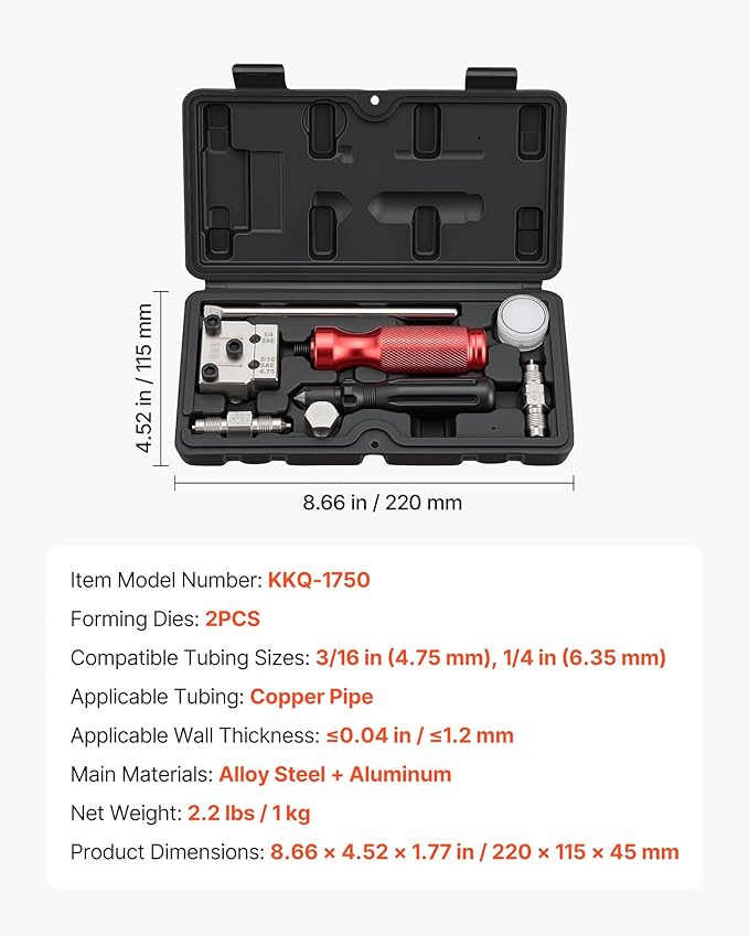VEVOR Brake Line Flaring Tool Kit, 45° Single & Double Flare Tool for 3/16", 1/4" Copper Tubing - with 2 Forming Dies, Deburring Tool & Toolbox for Automotive Brake Hydraulic Line Repair