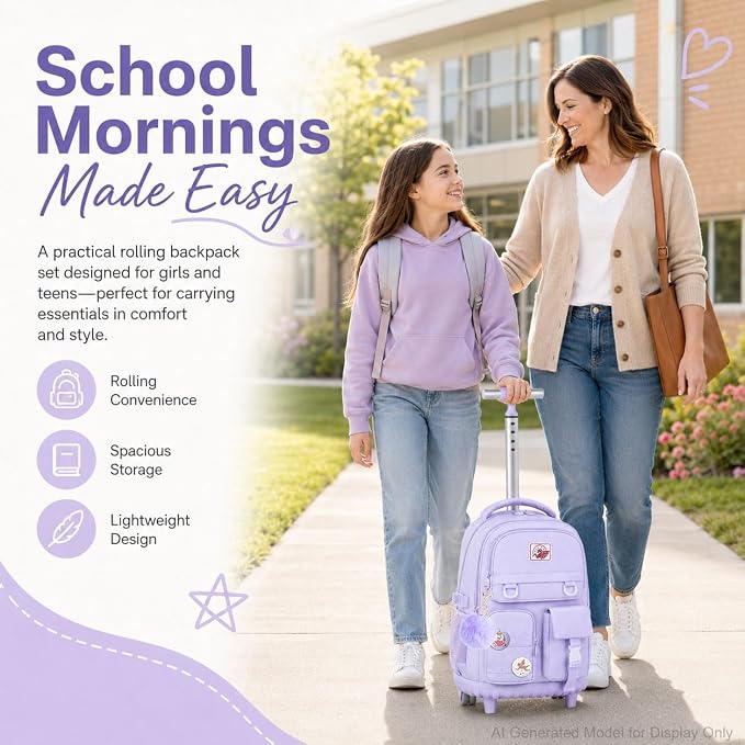 CCJPX Rolling Backpack for Girls Women, 21 inch Roller Wheels School Bookbag, Wheeled Suitcase Backpacks with Lunch Bag for Teen - Purple