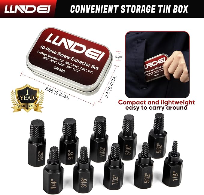 LLNDEI Screw Extractor Set, Hex Head Easy Out Set 10 Pieces, Multi-Spline Ez Out Stripped Extractor (1/8”-13/32”) CR-MO, Stripped Fastener Tool