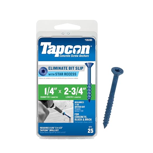 Tapcon 1/4 x 2-3/4 Inch Blue Climaseal® Star Head Concrete Anchors, 25 PCS, Corrosion Resistant Coating, Heavy-Duty Concrete and Masonry Screws, Superior Holding Strength, Drill Bit Sold Separately