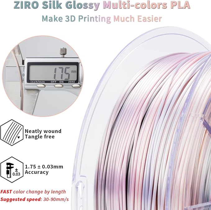 ZIRO Silky Fast Color Change PLA 4 Pack, 1.75mm Color Gradient Filament Bundle, Glossy Rainbow PLA Filaments, Fit Most 3D Printers and Pen, Shiny Surface 1KG X 4 Spool