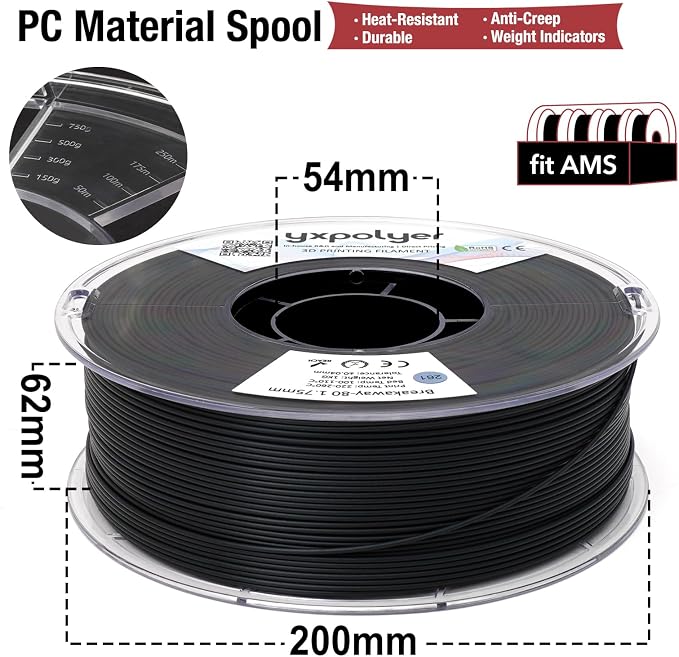 YXPOLYER Breakaway Support Filament 1kg 1.75mm Black with Heat-Resistant Reusable AMS-Compatible Spool, Solvent-Free Support Material for Nylon, PA-CF, PPS, PC-CF, and More Engineering-Grade Filament